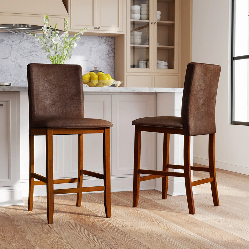 Set of 2 Counter Barstools with Rubberwood Legs and Upholstered Seat-Walnut by DirectDeals