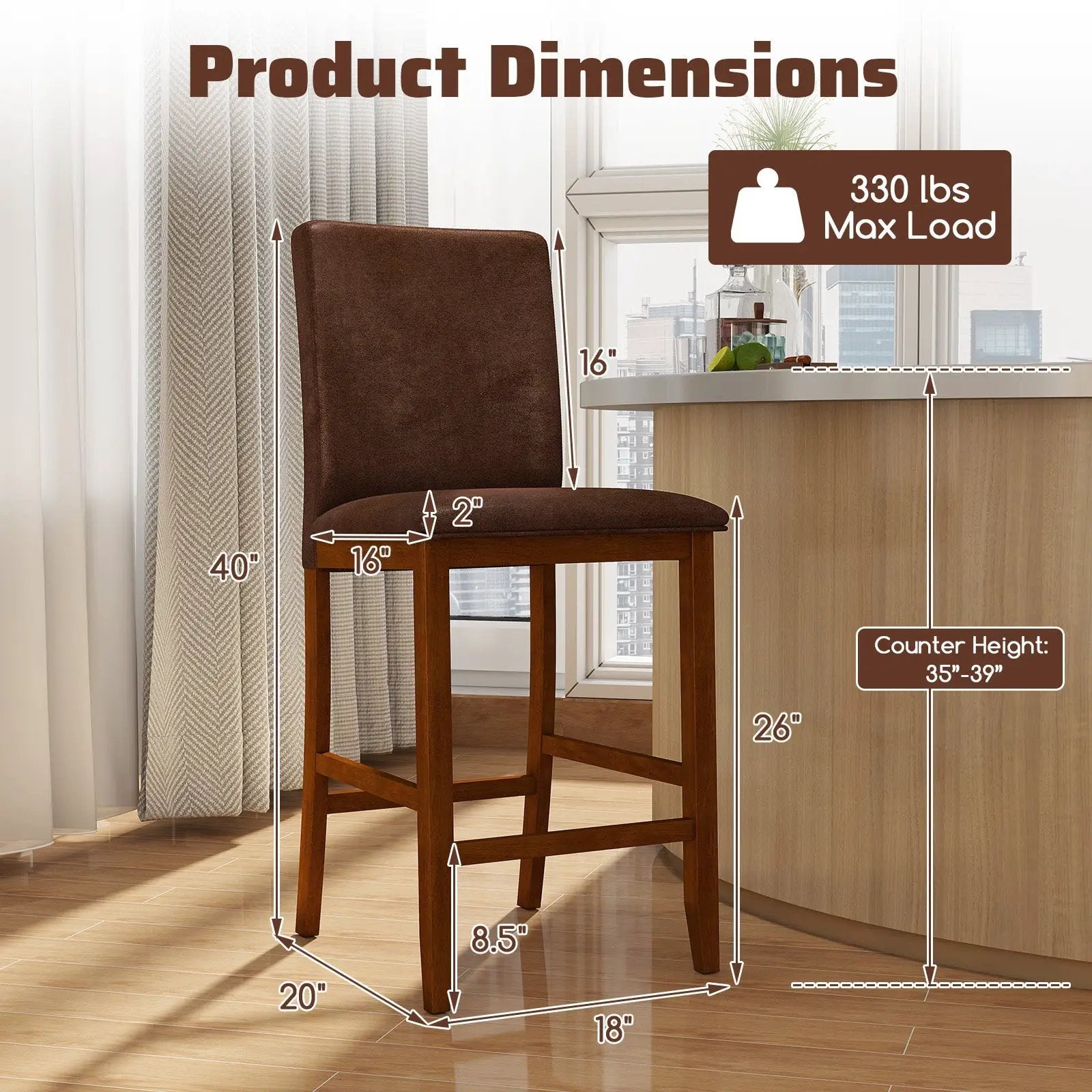 Set of 2 Counter Barstools with Rubberwood Legs and Upholstered Seat-Walnut by DirectDeals