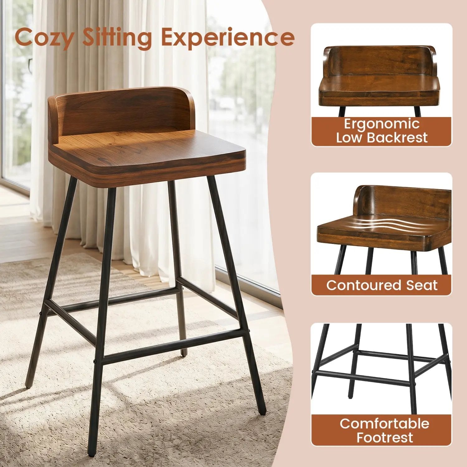 Counter Height Bar Stool Set with Low Back and Footrest by DirectDeals