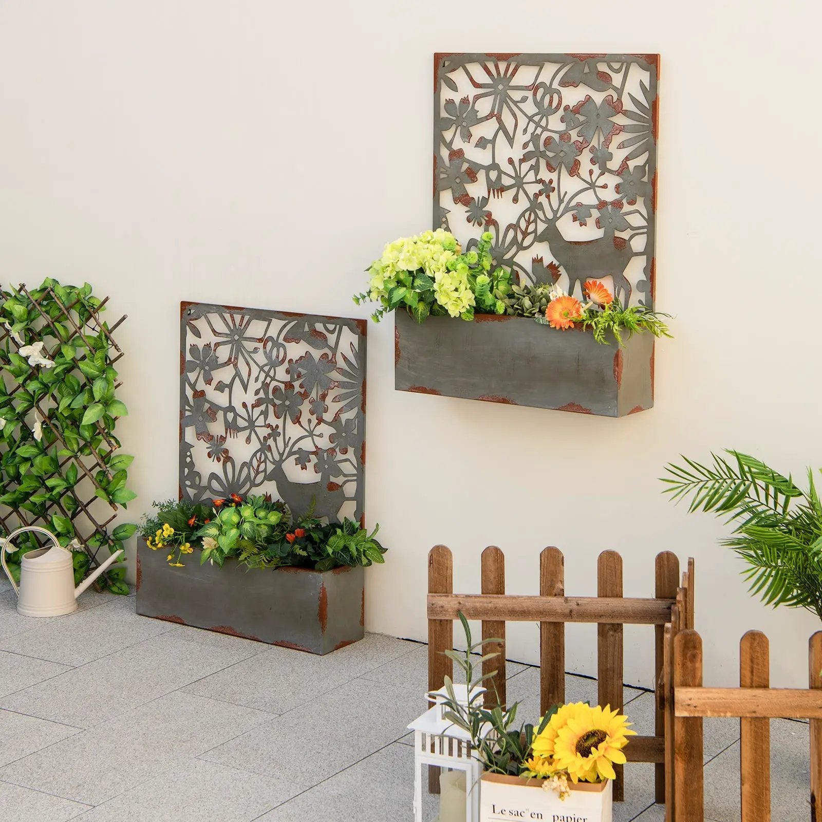 Set of 2 Decorative Raised Garden Bed with Trellises-Rust by DirectDeals