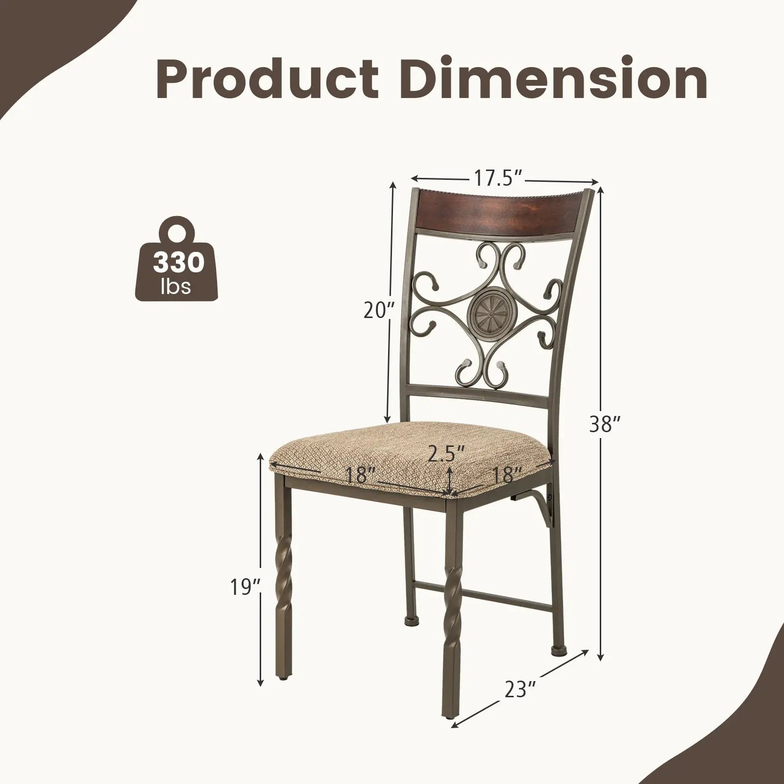 Set of 2 Dining Room Chairs Armless Kitchen Chairs Set with Seat Cushion-Brown by DirectDeals