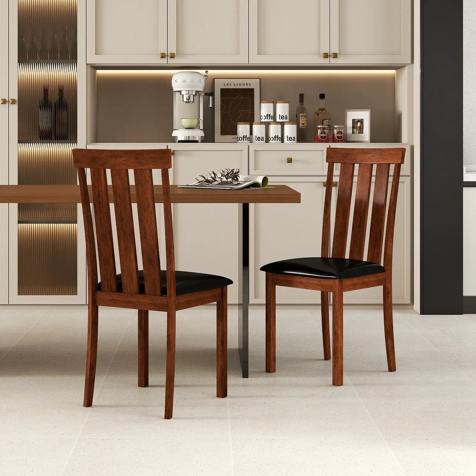 Set of 2 Dining Room Chairs with Rubber Wood Frame PU Leather Seat-Walnut by DirectDeals