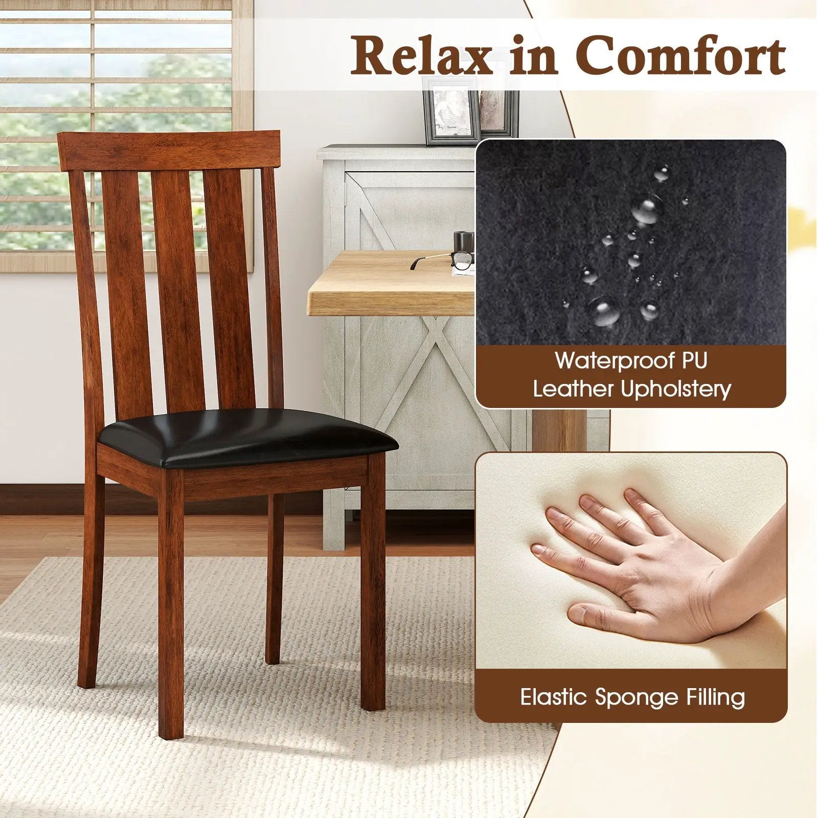 Set of 2 Dining Room Chairs with Rubber Wood Frame PU Leather Seat-Walnut by DirectDeals