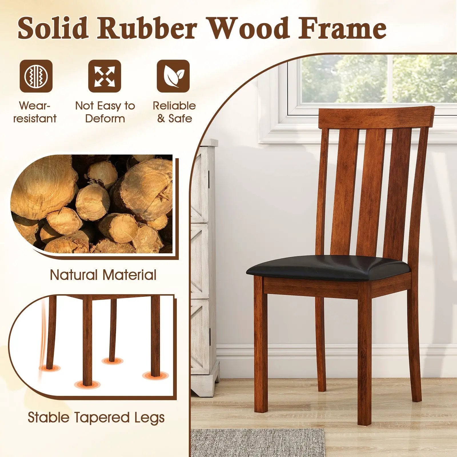 Set of 2 Dining Room Chairs with Rubber Wood Frame PU Leather Seat-Walnut by DirectDeals