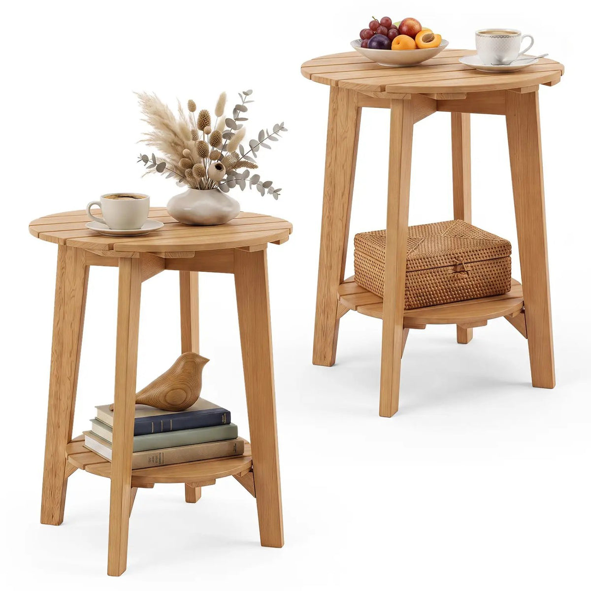 Eucalyptus Wood Side Table Set of 2 with Storage Shelf by DirectDeals