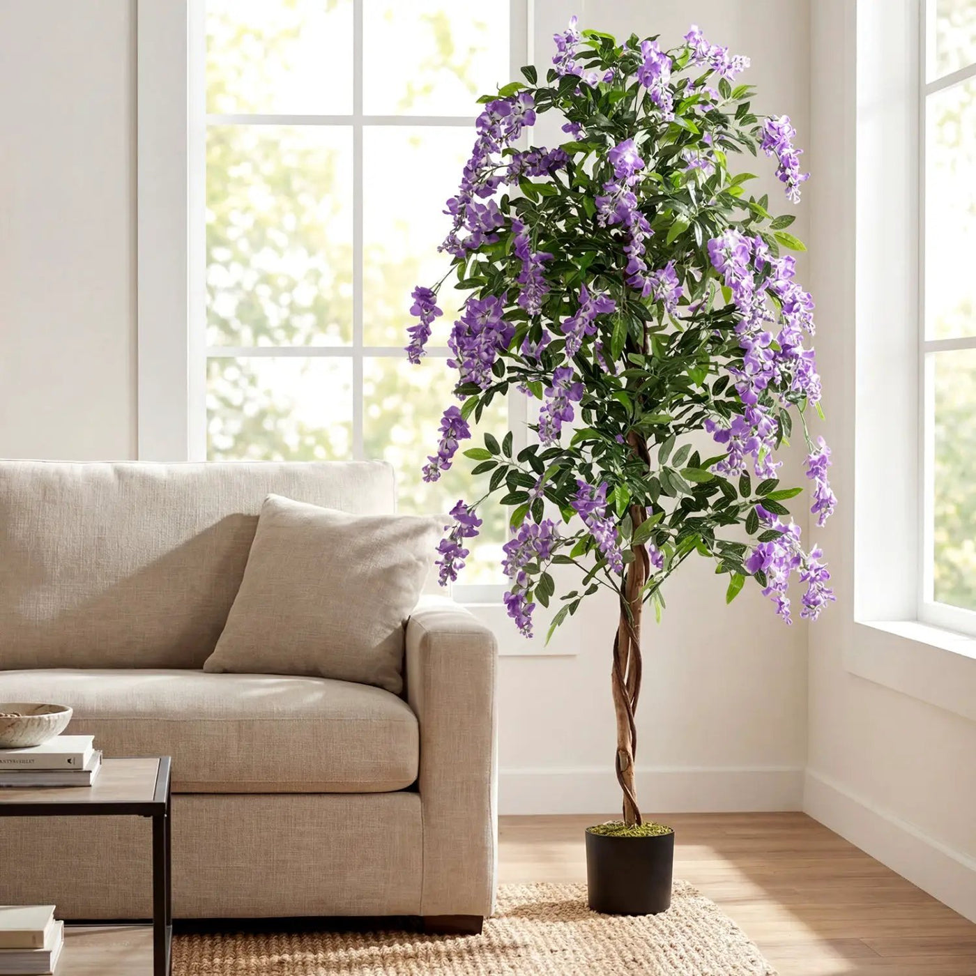 Set of 2 Fake Ficus Plant 6 FT Artificial Wisteria Tree with Natural Trunks and Purple Lifelike Flowers by DirectDeals