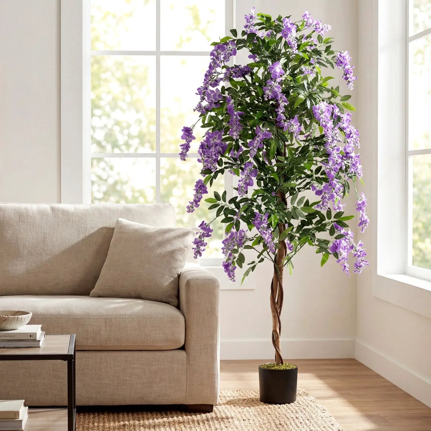 Set of 2 Fake Ficus Plant 6 FT Artificial Wisteria Tree with Natural Trunks and Purple Lifelike Flowers by DirectDeals