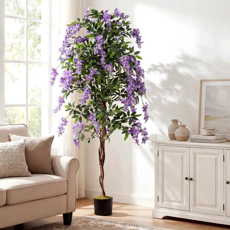 Set of 2 Fake Ficus Plant 6 FT Artificial Wisteria Tree with Natural Trunks and Purple Lifelike Flowers by DirectDeals