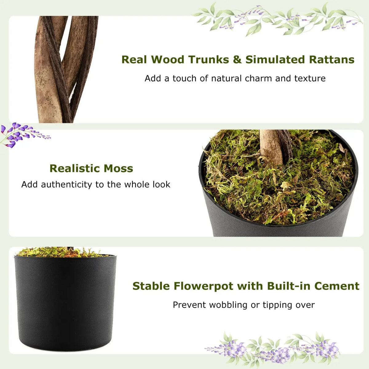 Set of 2 Fake Ficus Plant 6 FT Artificial Wisteria Tree with Natural Trunks and Purple Lifelike Flowers by DirectDeals
