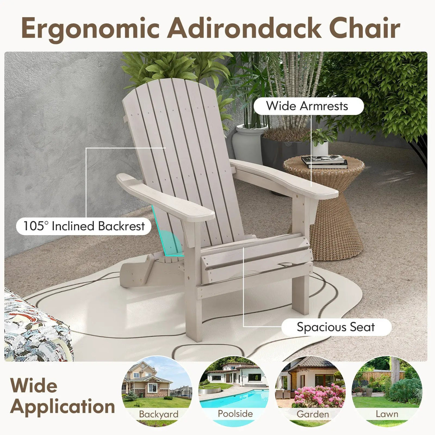 1 Piece Folding Adirondack Chair with High Backrest and Wide Armrests by DirectDeals