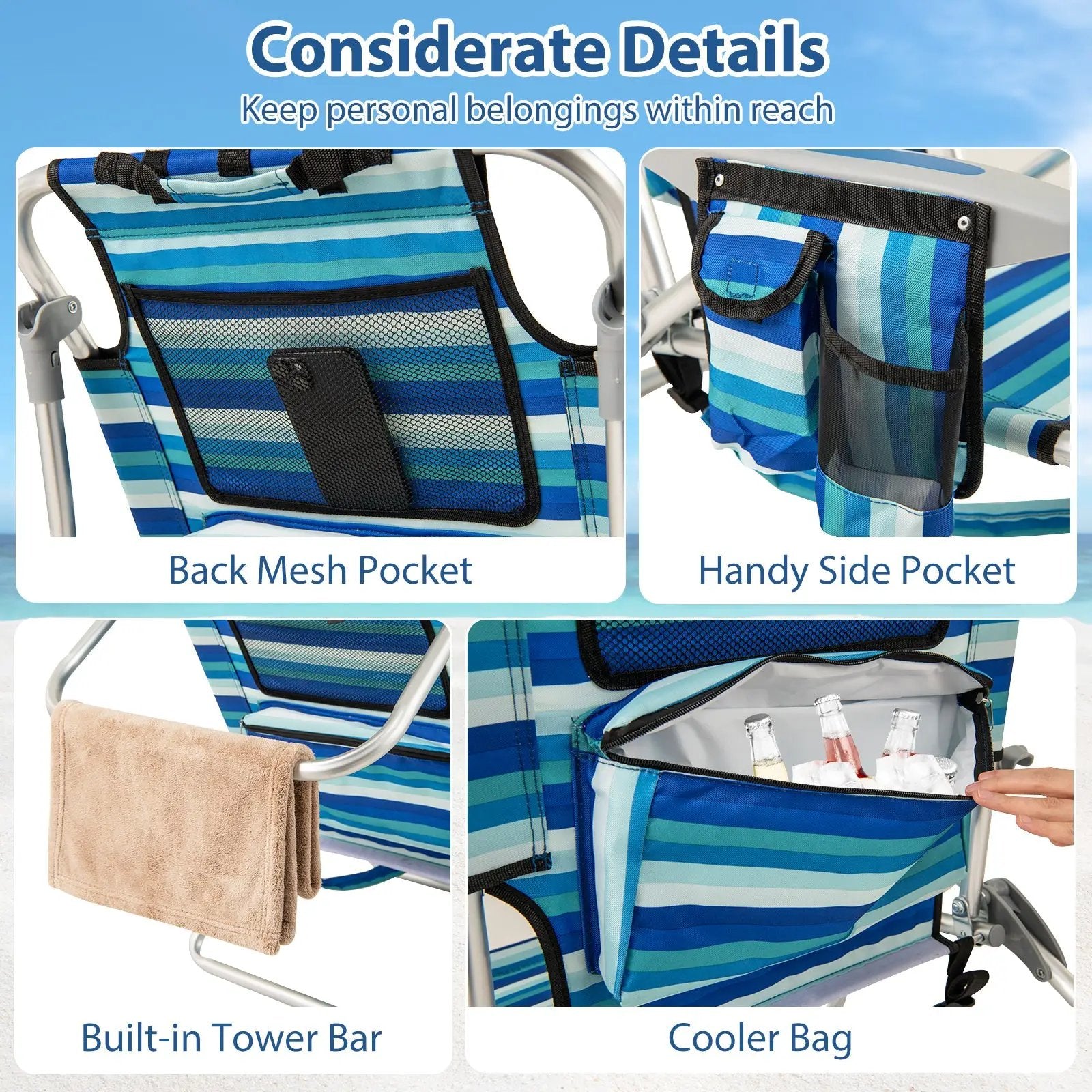 Folding Beach Chair with 4-Position Adjustable Backrest by DirectDeals