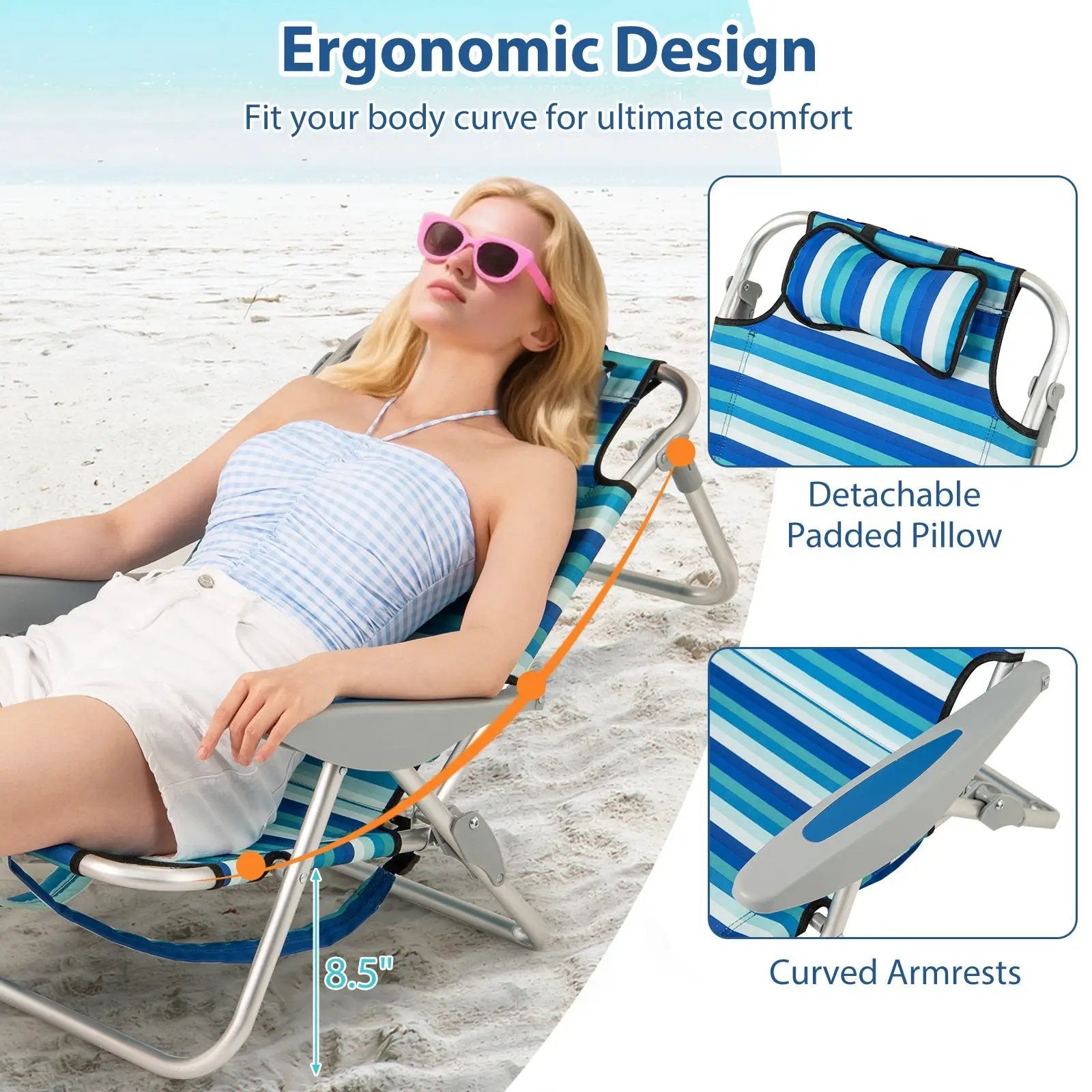 Folding Beach Chair with 4-Position Adjustable Backrest by DirectDeals