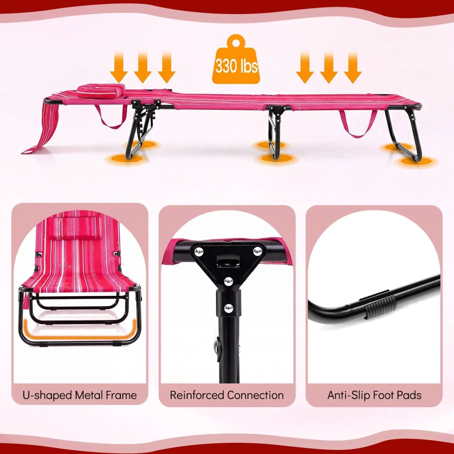 Set of 2 Folding Face Down Tanning Chair with Face Hole 3 Removable Pillows by DirectDeals