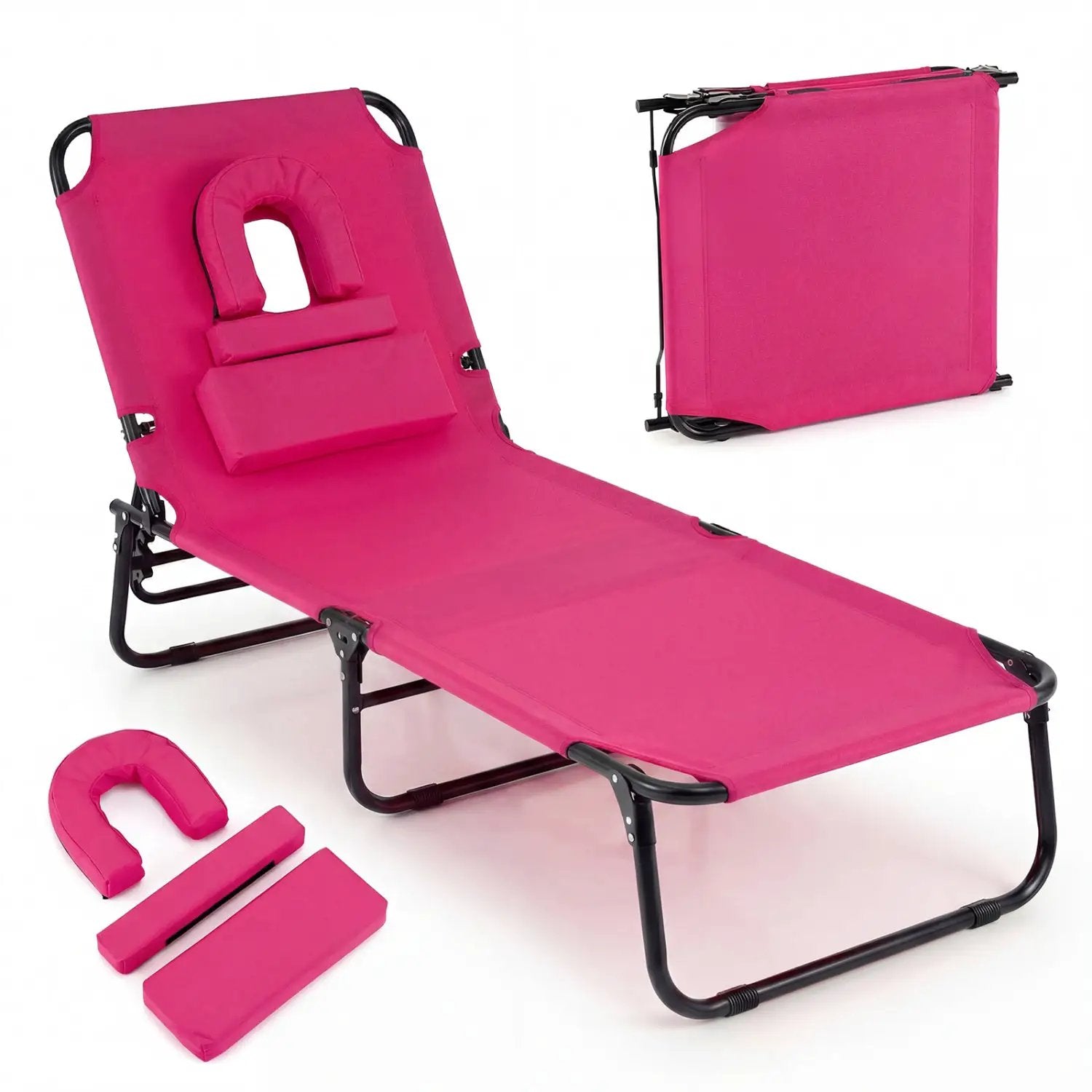 Set of 2 Folding Face Down Tanning Chair with Face Hole 3 Removable Pillows by DirectDeals