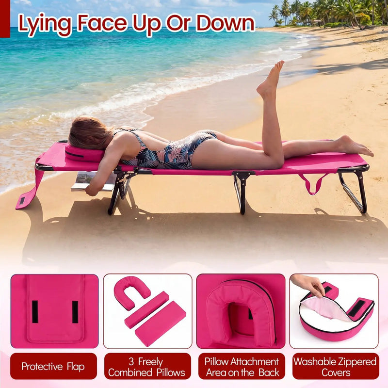 Set of 2 Folding Face Down Tanning Chair with Face Hole 3 Removable Pillows by DirectDeals