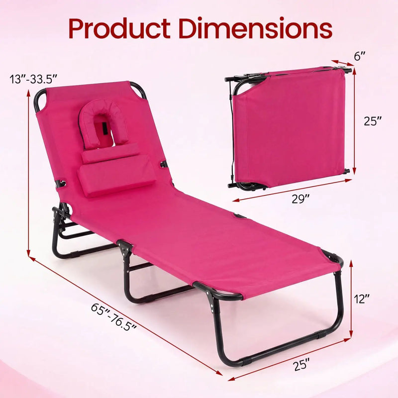 Set of 2 Folding Face Down Tanning Chair with Face Hole 3 Removable Pillows by DirectDeals