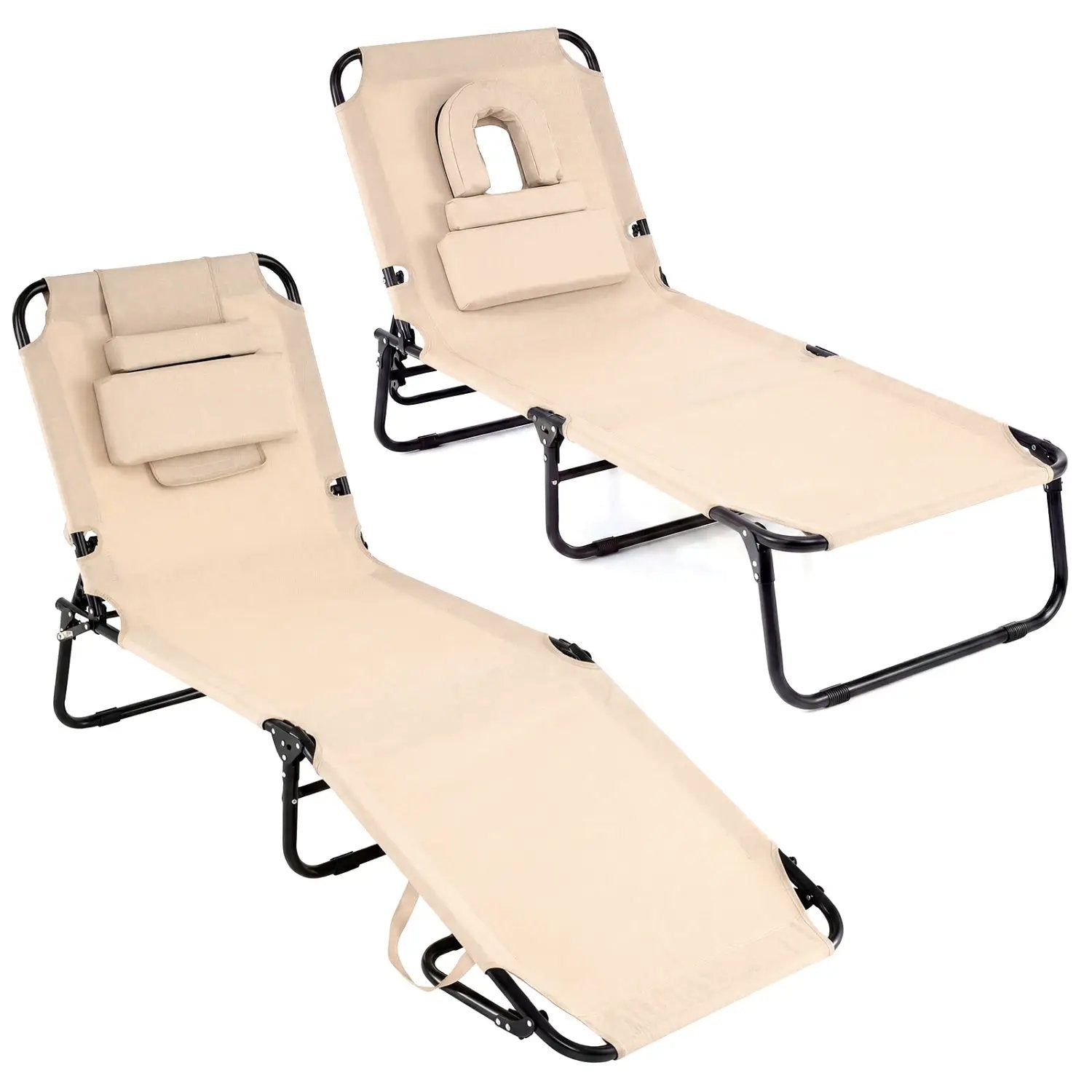 Set of 2 Folding Face Down Tanning Chair with Face Hole 3 Removable Pillows by DirectDeals