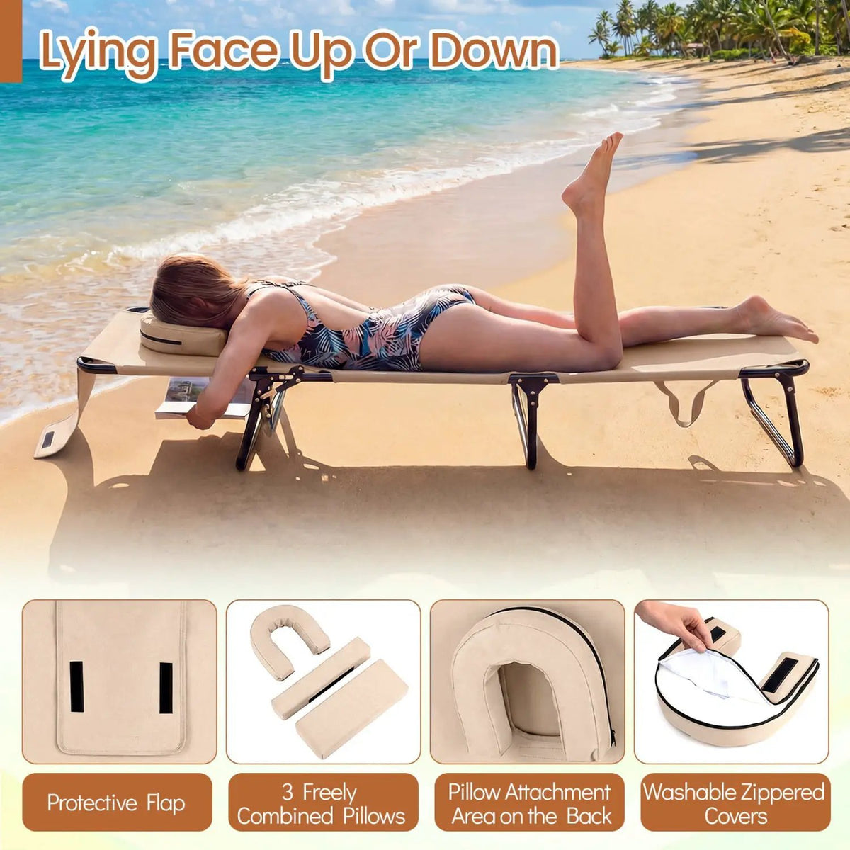 Set of 2 Folding Face Down Tanning Chair with Face Hole 3 Removable Pillows by DirectDeals