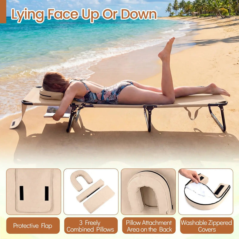 Set of 2 Folding Face Down Tanning Chair with Face Hole 3 Removable Pillows by DirectDeals
