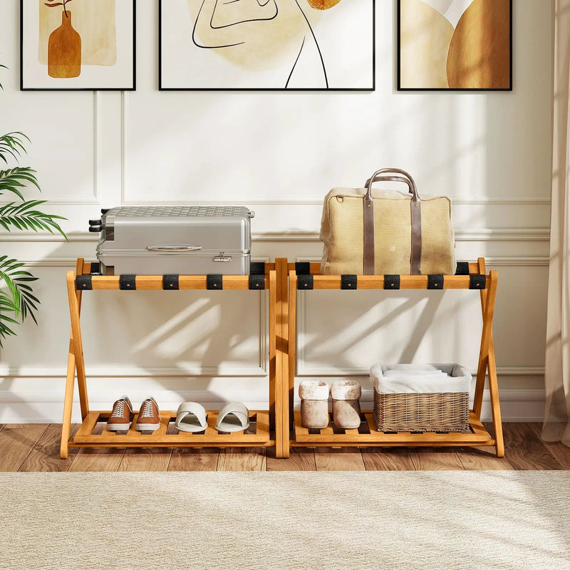Set of 2 Folding Luggage Racks with 5 Nylon Straps and Slatted Storage Shelf by DirectDeals