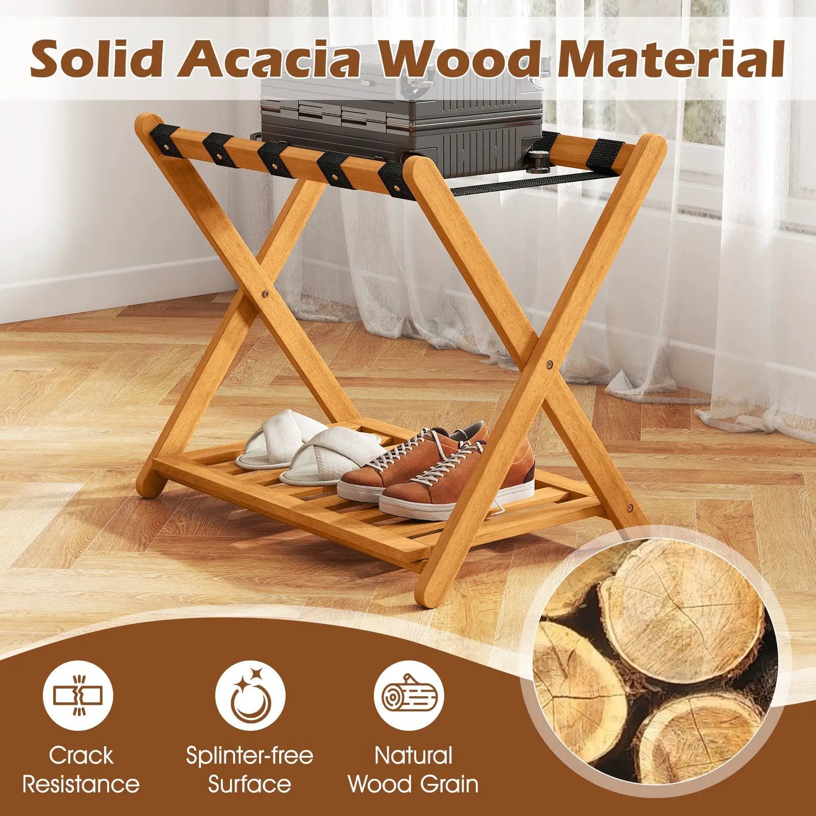Set of 2 Folding Luggage Racks with 5 Nylon Straps and Slatted Storage Shelf by DirectDeals