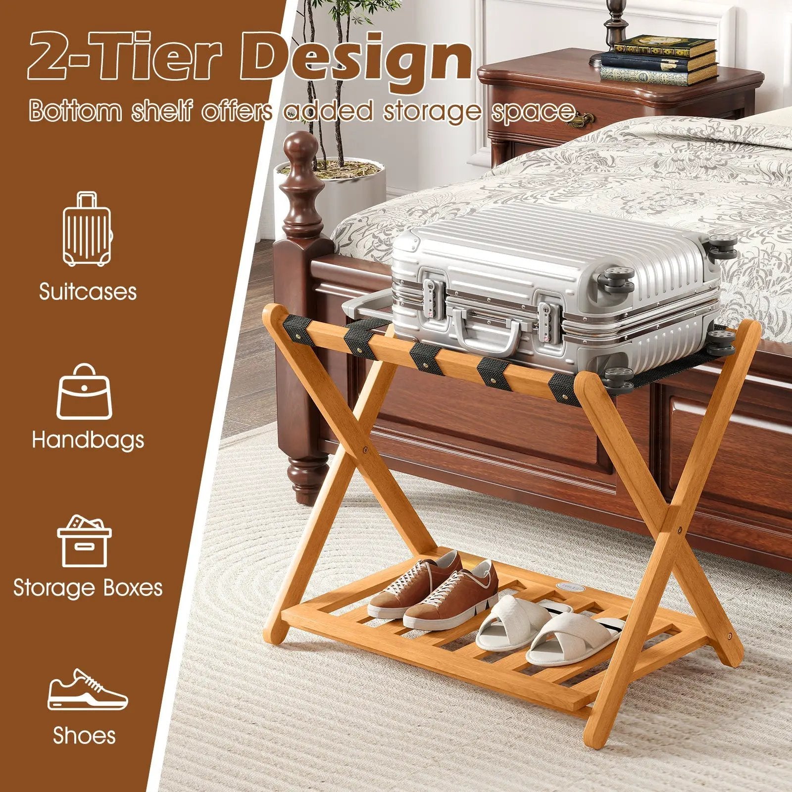 Set of 2 Folding Luggage Racks with 5 Nylon Straps and Slatted Storage Shelf by DirectDeals