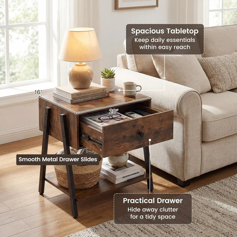 Industrial Nightstand Set of 2 with Drawer and Shelf by DirectDeals