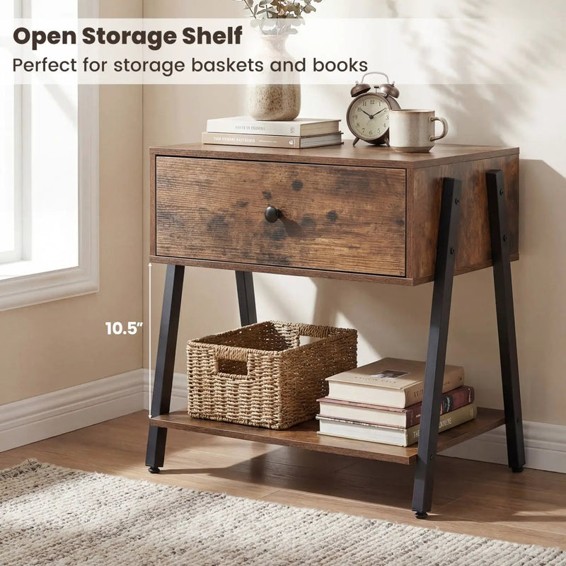 Industrial Nightstand Set of 2 with Drawer and Shelf by DirectDeals