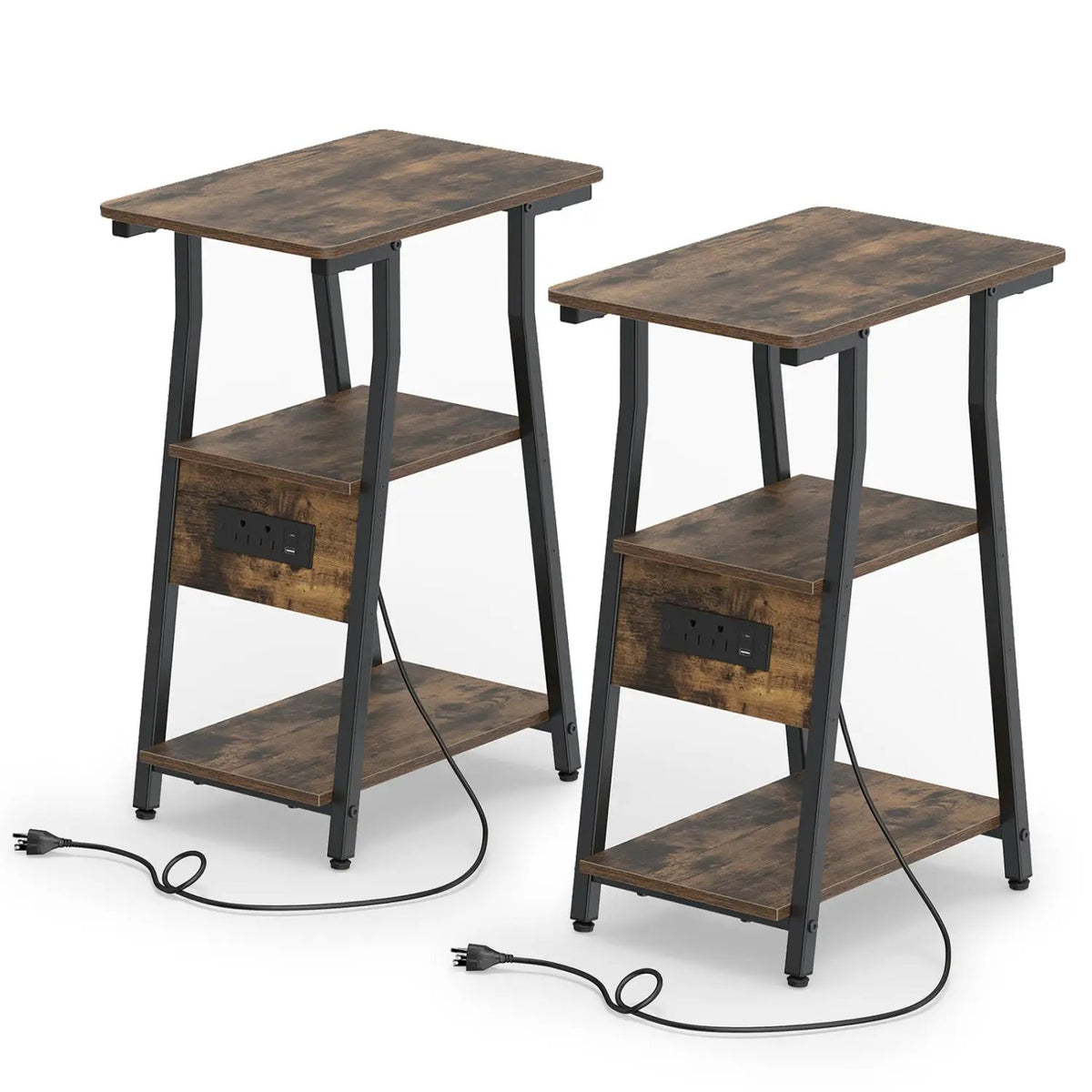Industrial Side Table with Charging Station & 3-Tier Shelves by DirectDeals