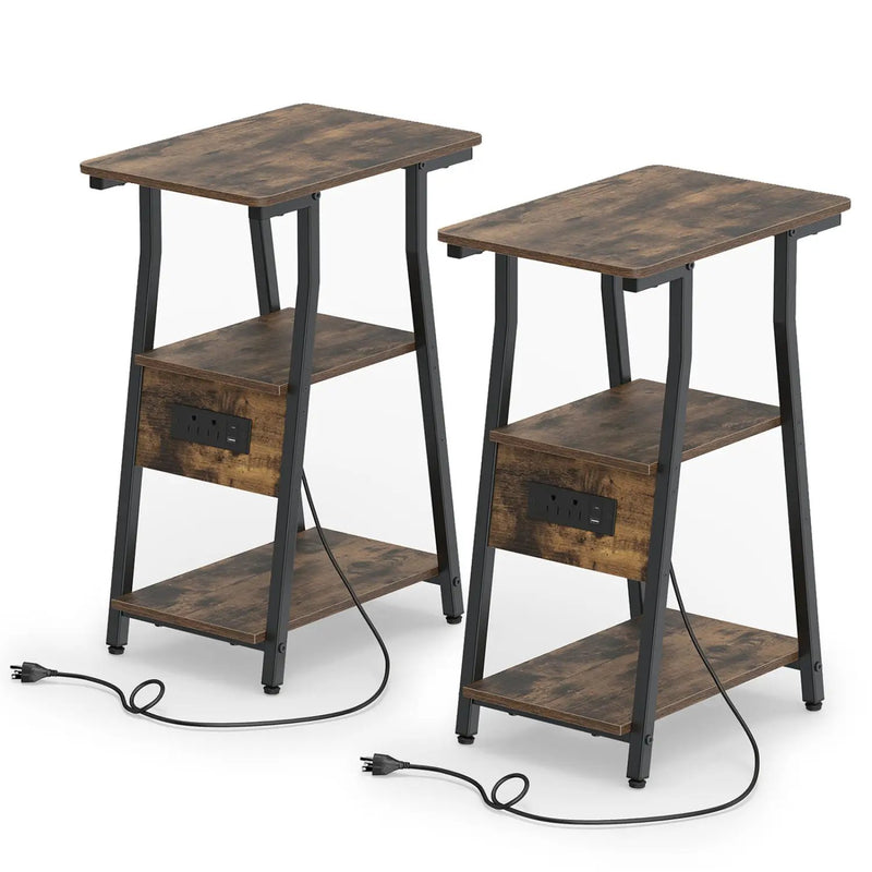 Industrial Side Table with Charging Station & 3-Tier Shelves by DirectDeals