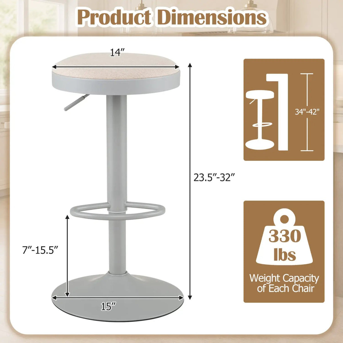 Adjustable Bar Stools Set of 2 with Padded Seat by DirectDeals