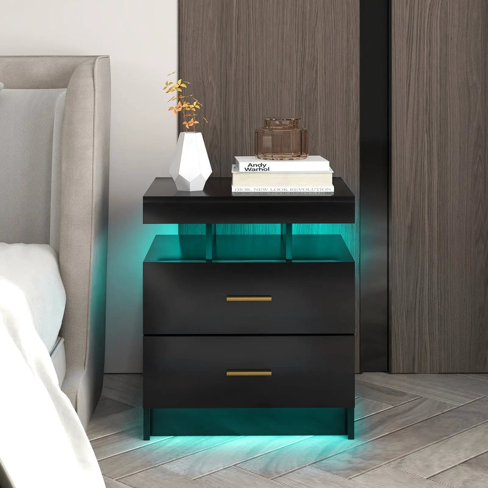 LED Nightstand with 2 Storage Drawers for Bedroom-Black by DirectDeals