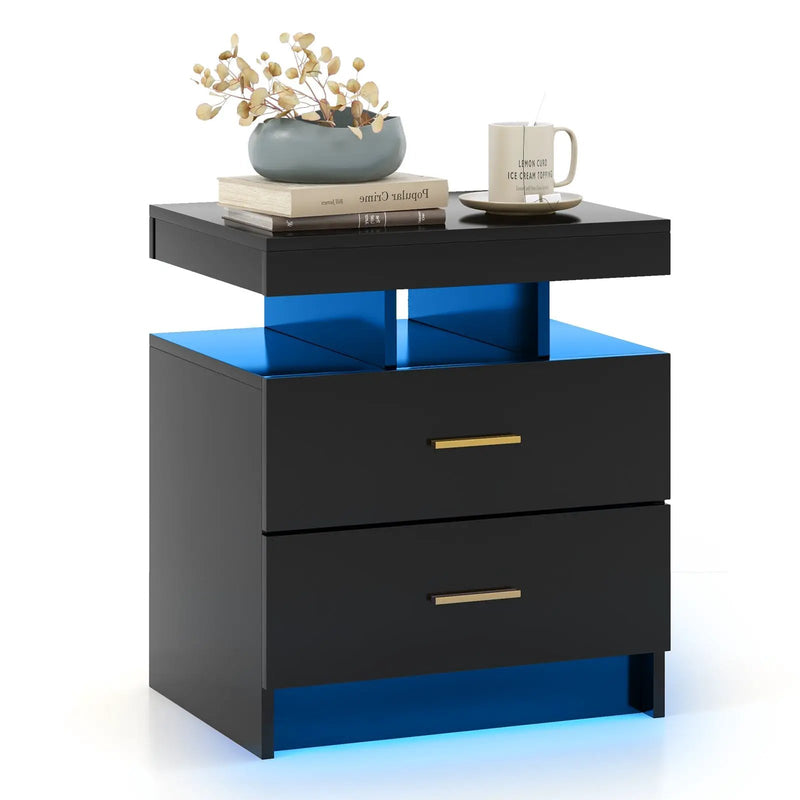 LED Nightstand with 2 Storage Drawers for Bedroom-Black by DirectDeals