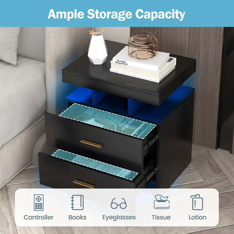 LED Nightstand with 2 Storage Drawers for Bedroom-Black by DirectDeals