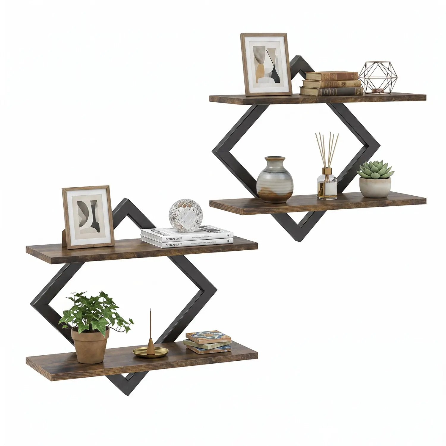 Metal Floating Wall Shelves Set of 2 with Geometric Frame by DirectDeals