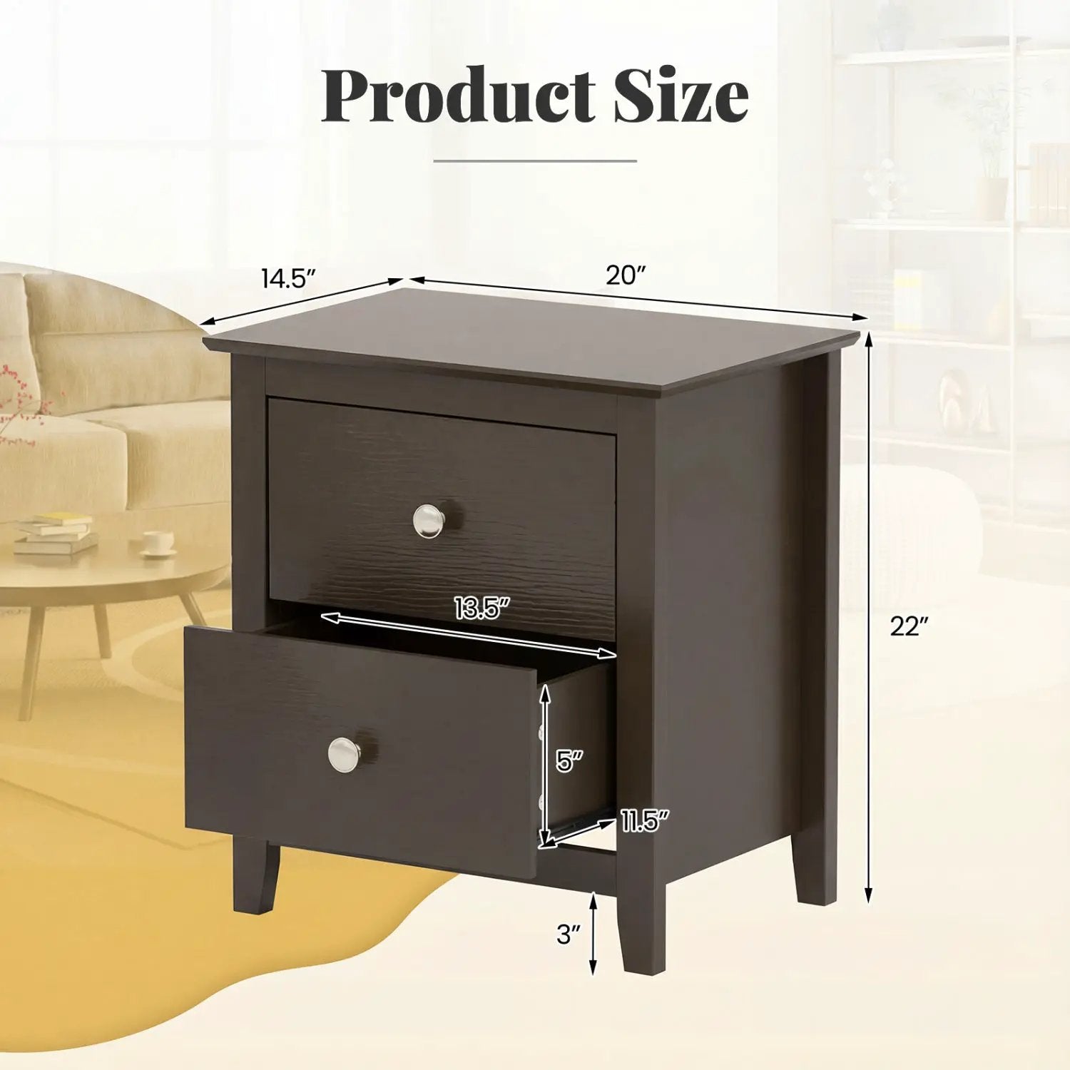 Set of 2 Modern Nightstand with two Drawers for Small Spaces-Rustic Brown by DirectDeals