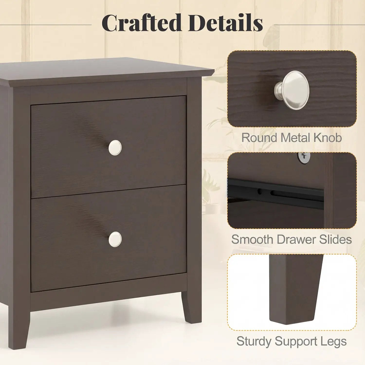 Set of 2 Modern Nightstand with two Drawers for Small Spaces-Rustic Brown by DirectDeals