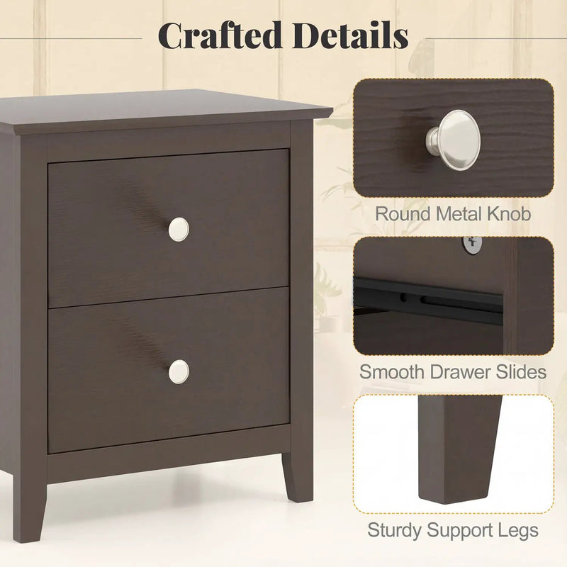 Set of 2 Modern Nightstand with two Drawers for Small Spaces-Rustic Brown by DirectDeals