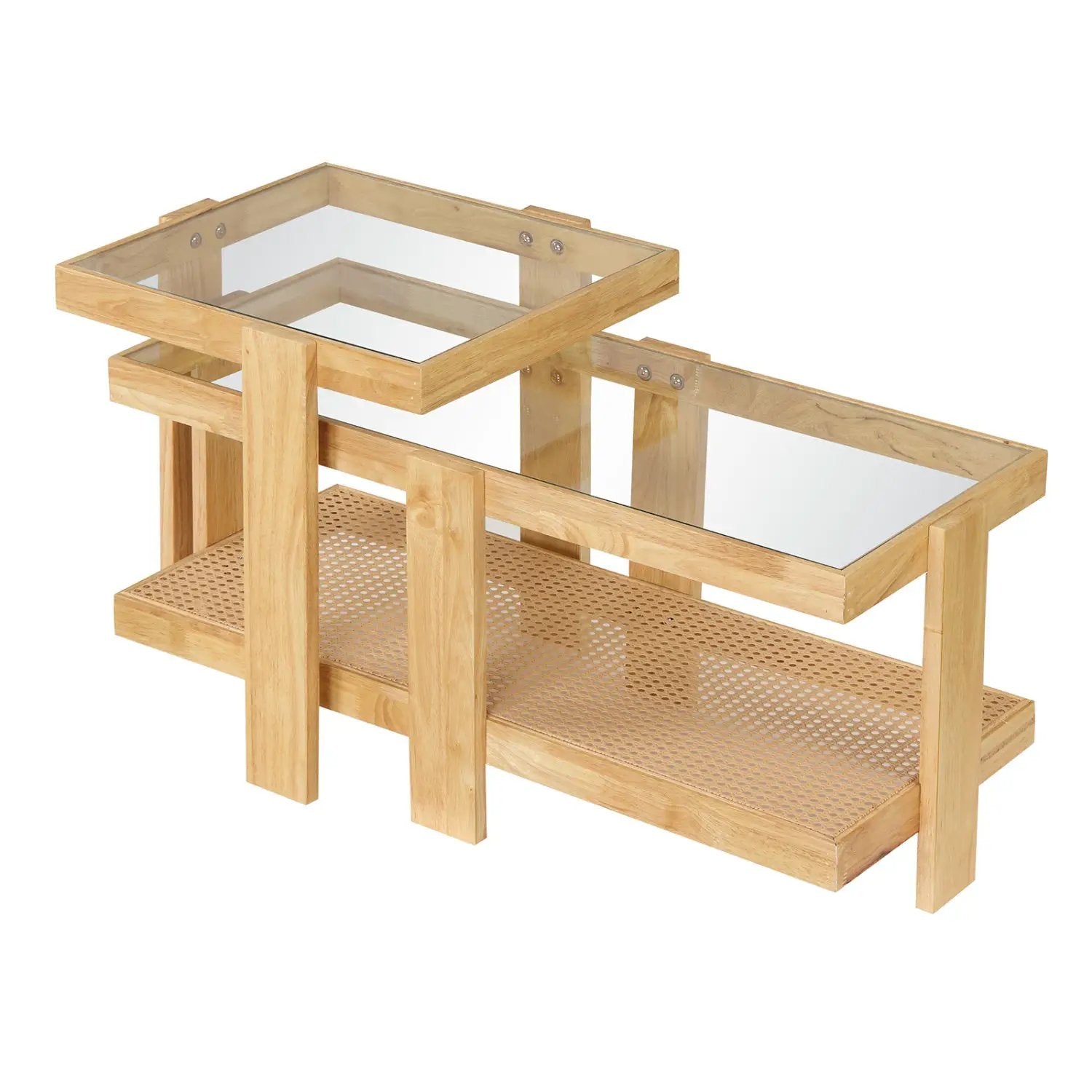 Nesting Coffee Tables Set of 2 with Rattan Shelf - Natural by DirectDeals