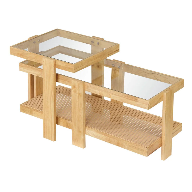 Nesting Coffee Tables Set of 2 with Rattan Shelf - Natural by DirectDeals