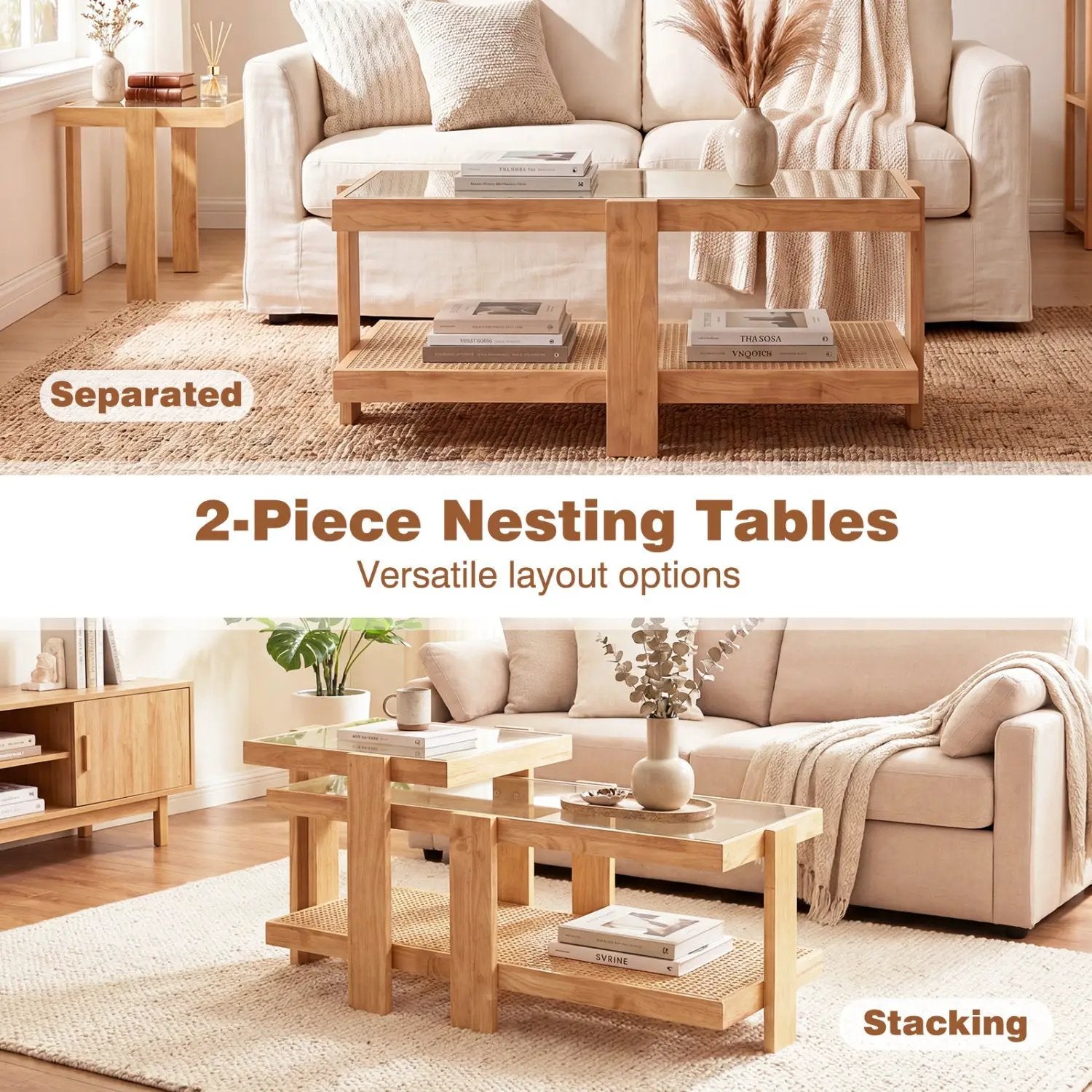 Nesting Coffee Tables Set of 2 with Rattan Shelf - Natural by DirectDeals
