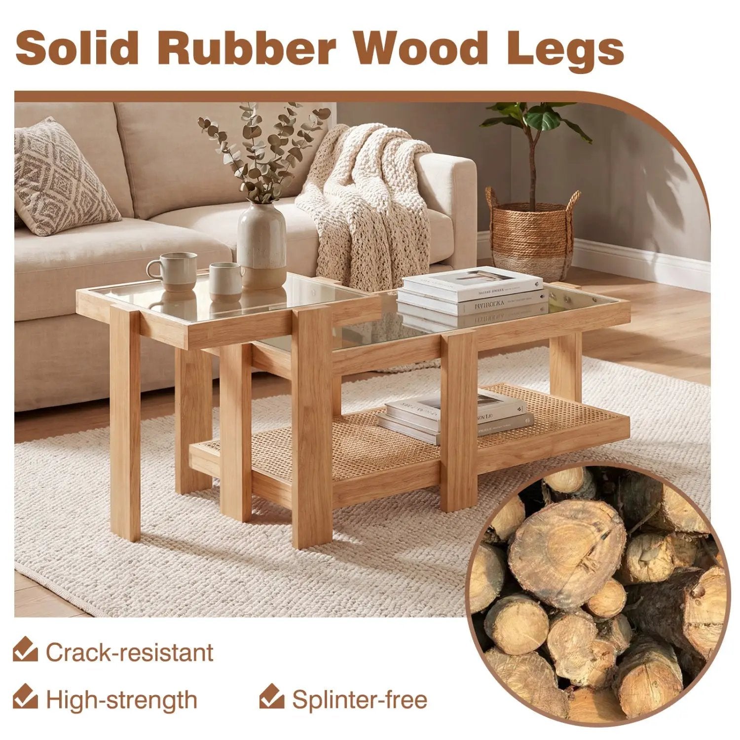 Nesting Coffee Tables Set of 2 with Rattan Shelf - Natural by DirectDeals