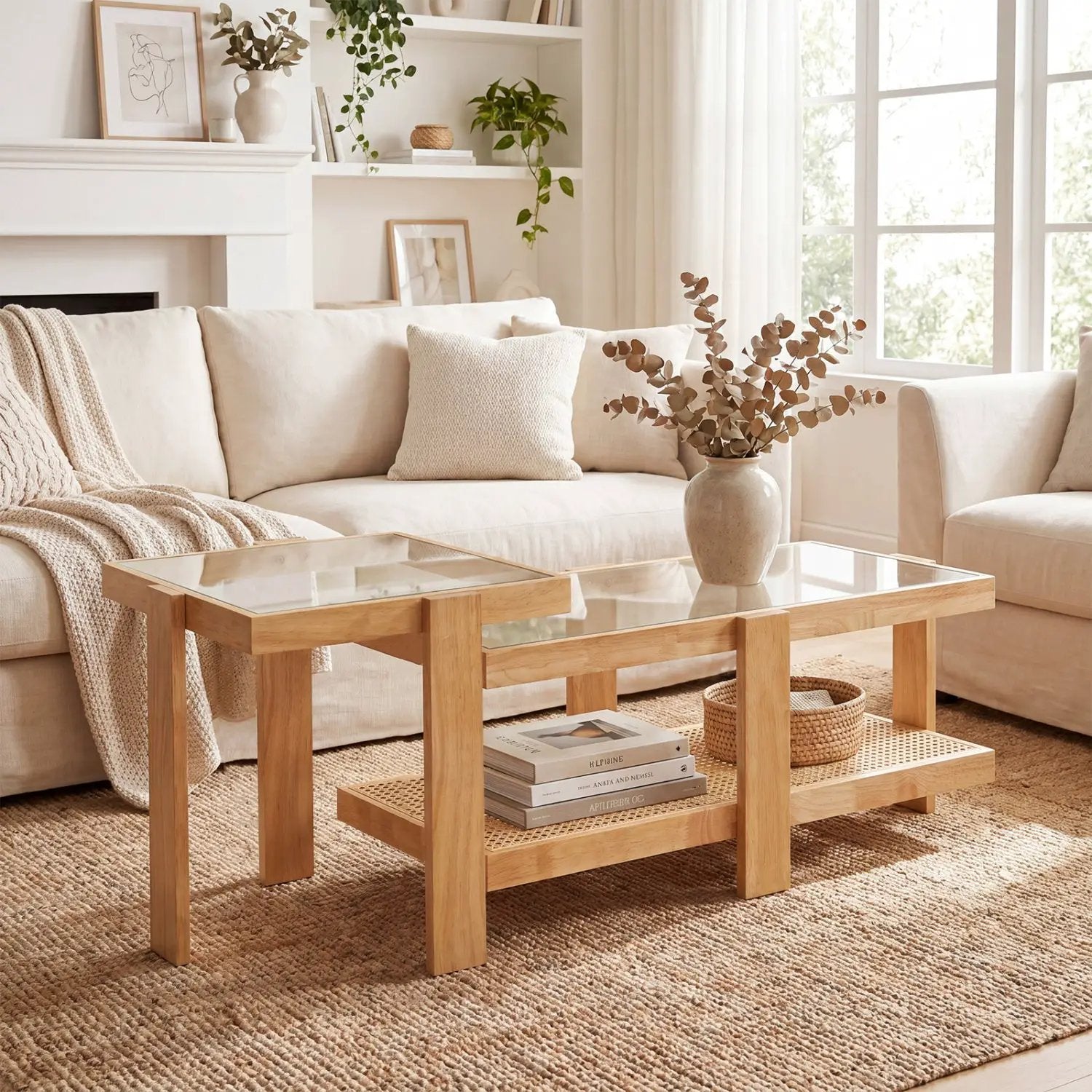 Nesting Coffee Tables Set of 2 with Rattan Shelf - Natural by DirectDeals