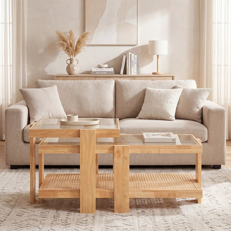 Nesting Coffee Tables Set of 2 with Rattan Shelf - Natural by DirectDeals