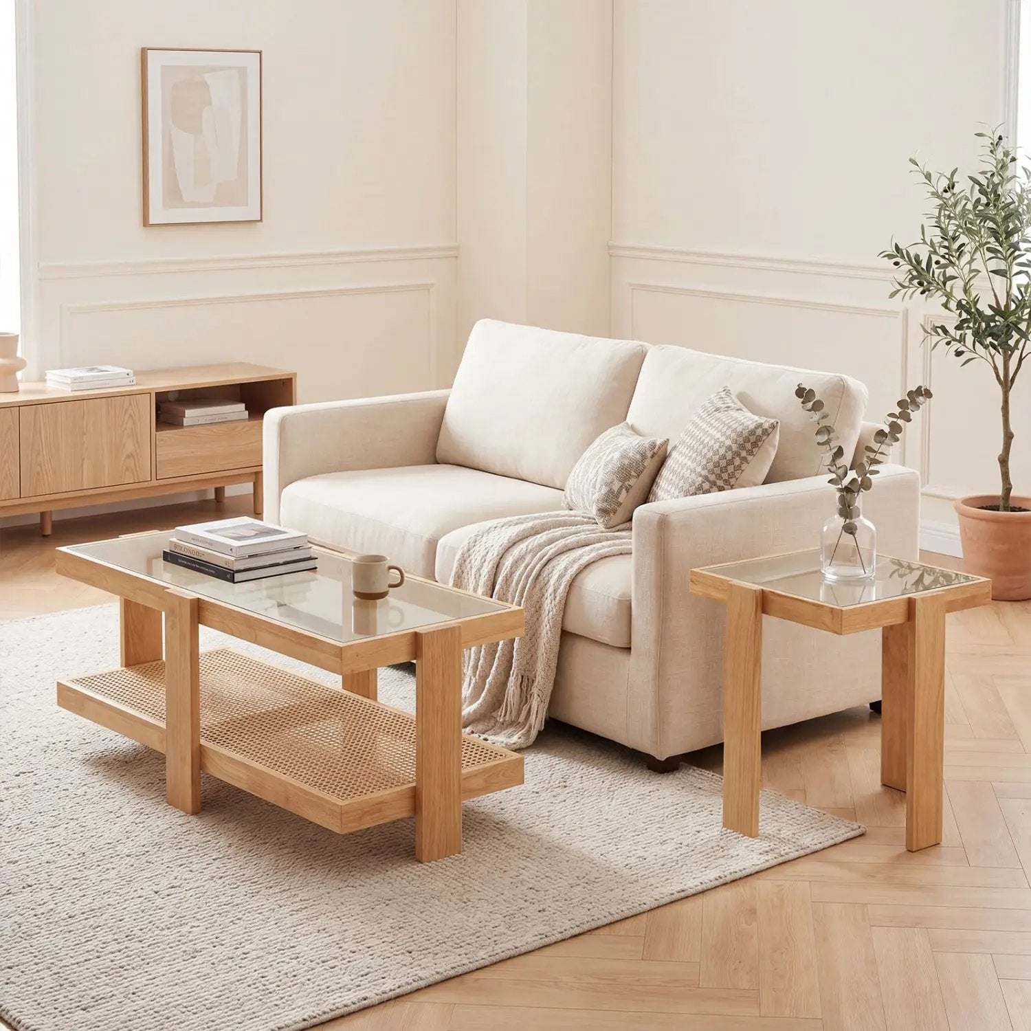 Nesting Coffee Tables Set of 2 with Rattan Shelf - Natural by DirectDeals