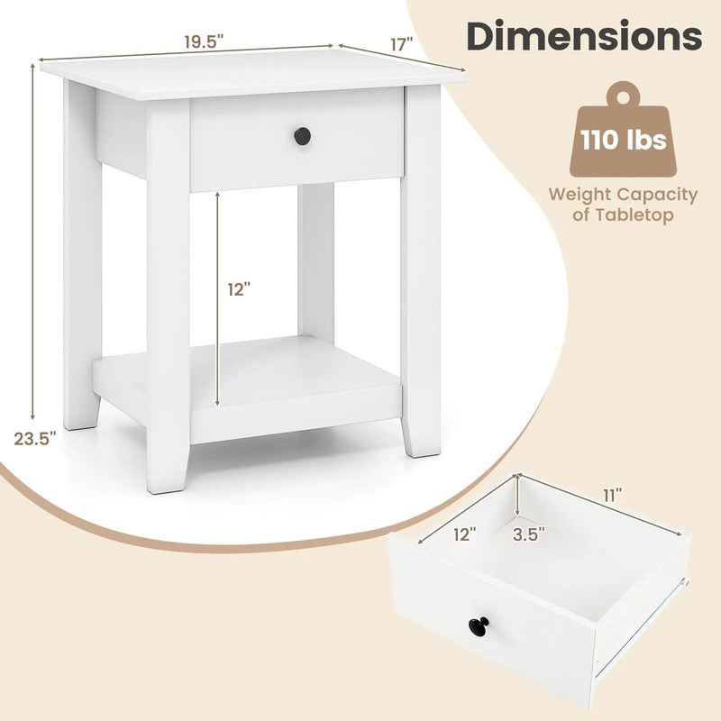 Set of 2 Nightstand with Drawer 3-Tier Modern Bedside Table with Open Shelf and Storage by DirectDeals