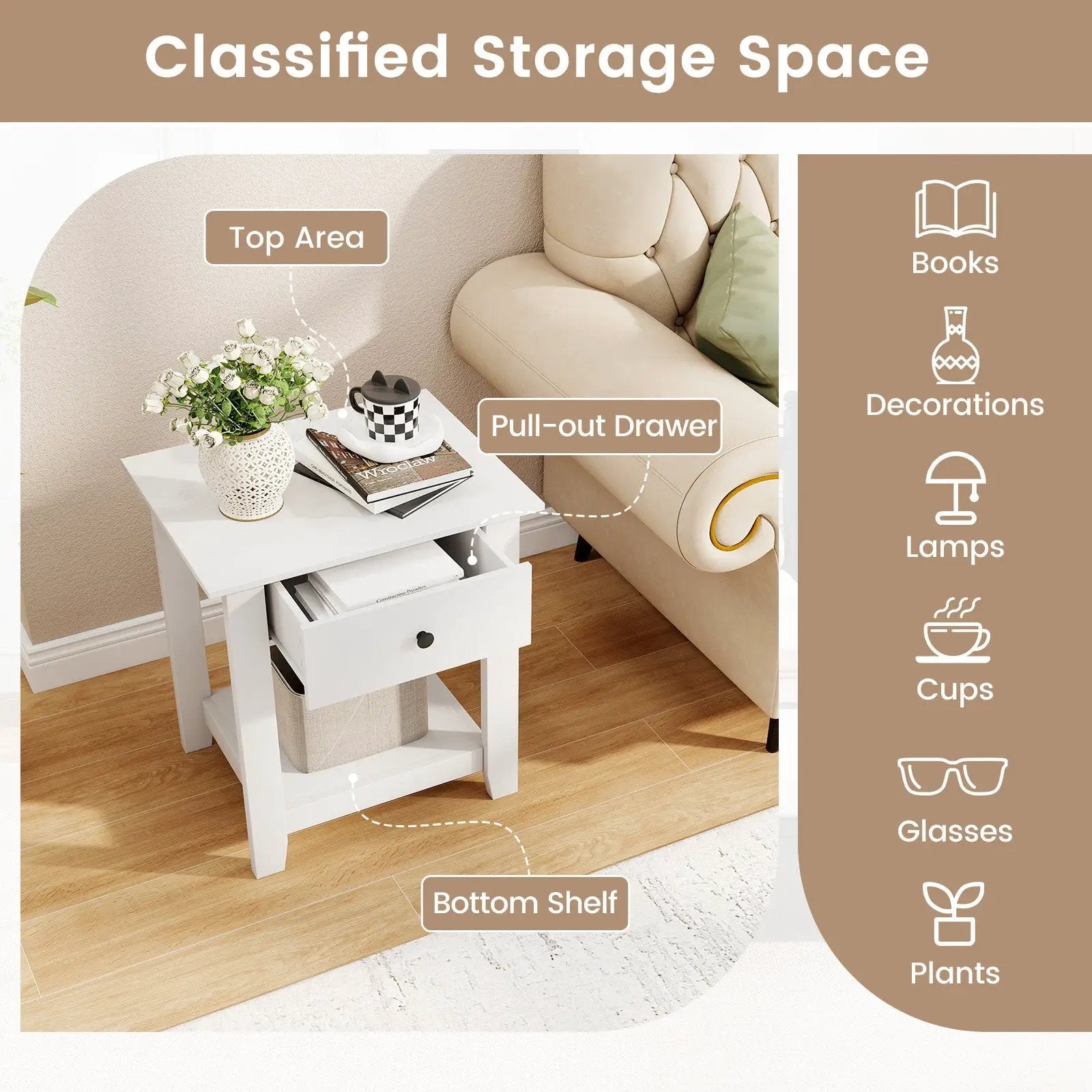 Set of 2 Nightstand with Drawer 3-Tier Modern Bedside Table with Open Shelf and Storage by DirectDeals