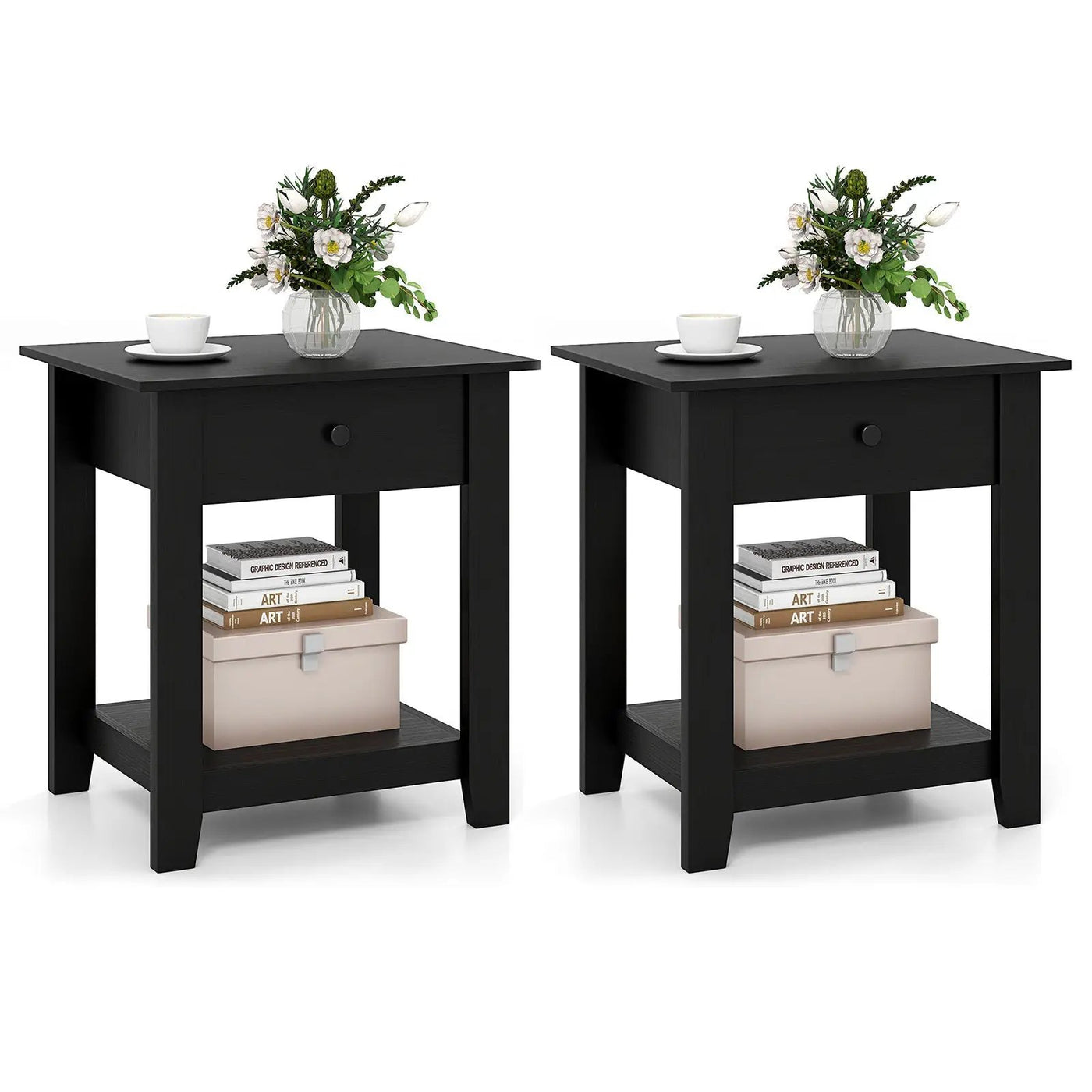 Set of 2 Nightstand with Drawer 3-Tier Modern Bedside Table with Open Shelf and Storage by DirectDeals