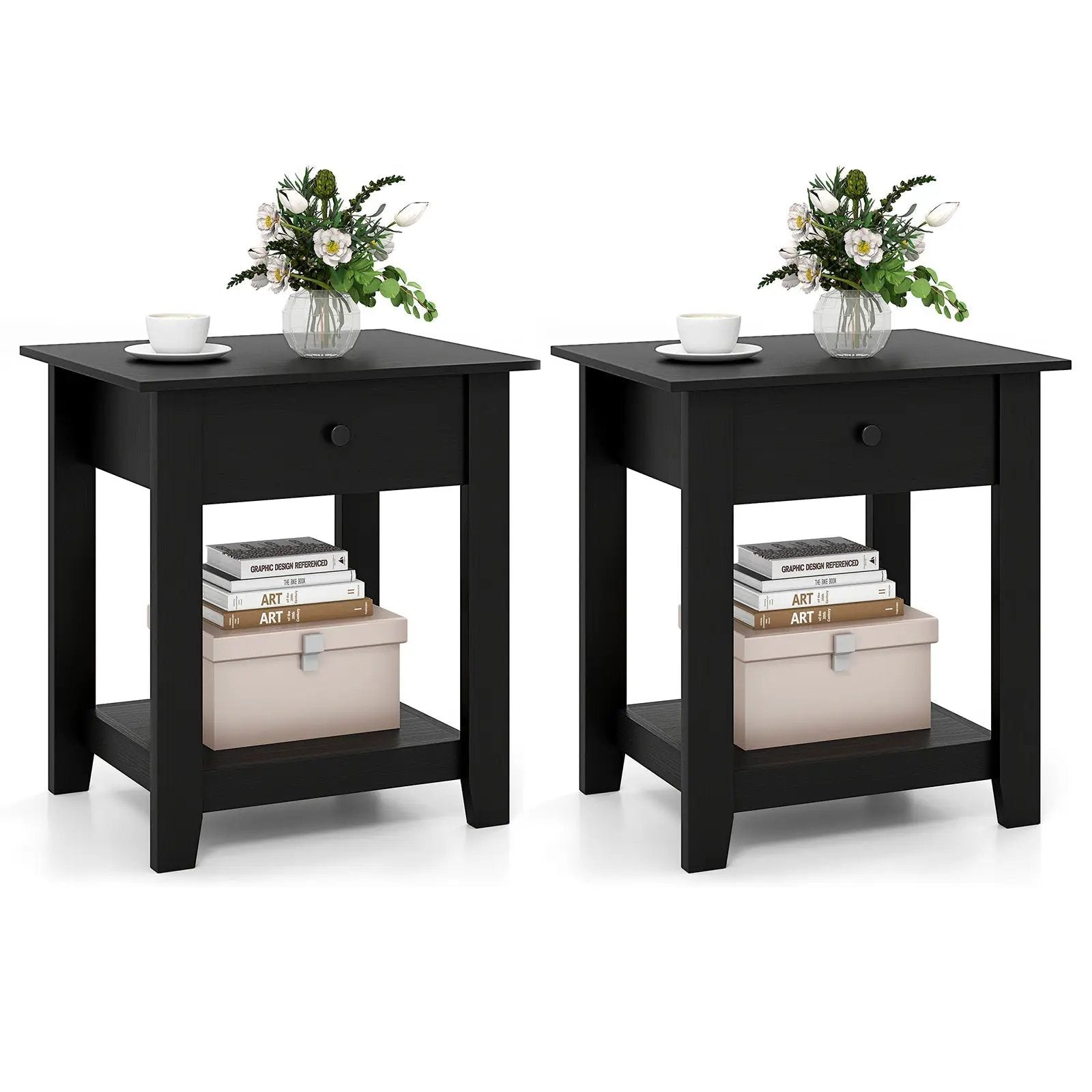 Set of 2 Nightstand with Drawer 3-Tier Modern Bedside Table with Open Shelf and Storage by DirectDeals