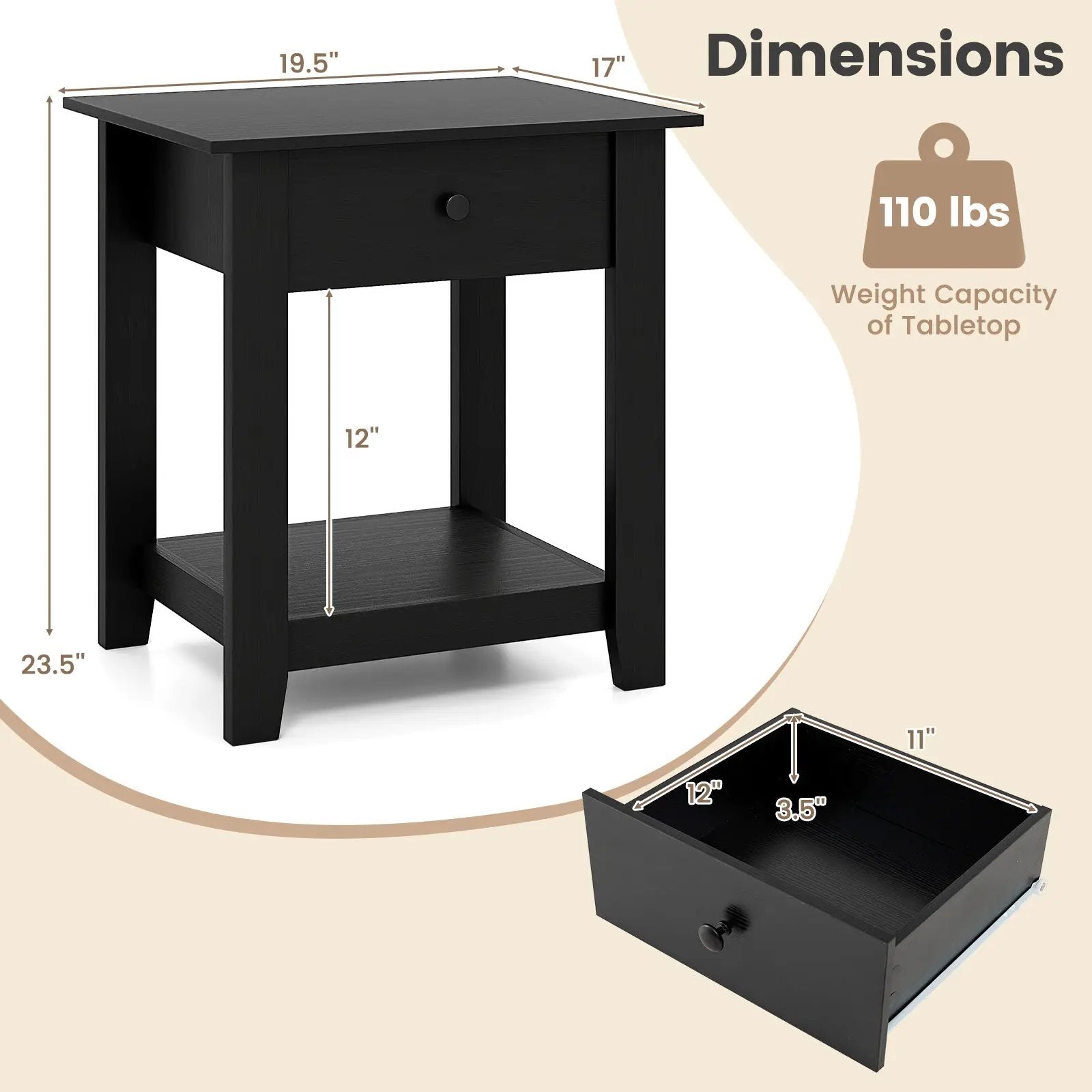 Set of 2 Nightstand with Drawer 3-Tier Modern Bedside Table with Open Shelf and Storage by DirectDeals